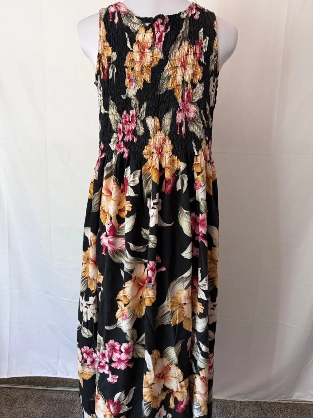 Aloha Hut Sleeveless Floral Maxi Dress with Pink & Yellow Blooms